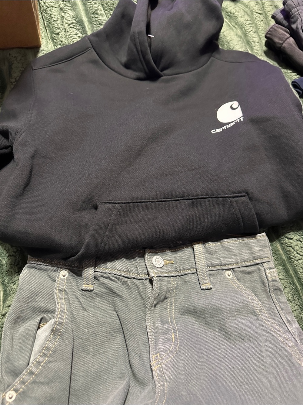 Carhartt boys Black Hoodie with Gray/Green Jeans